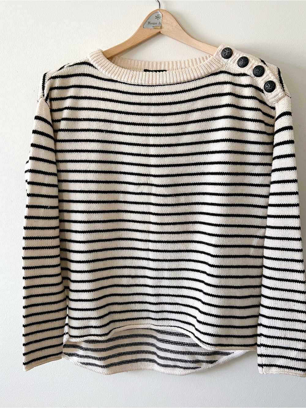 ATM Striped 100% Merino Wool Crewneck Button-Shoulder Sweater - Cream/Black XS